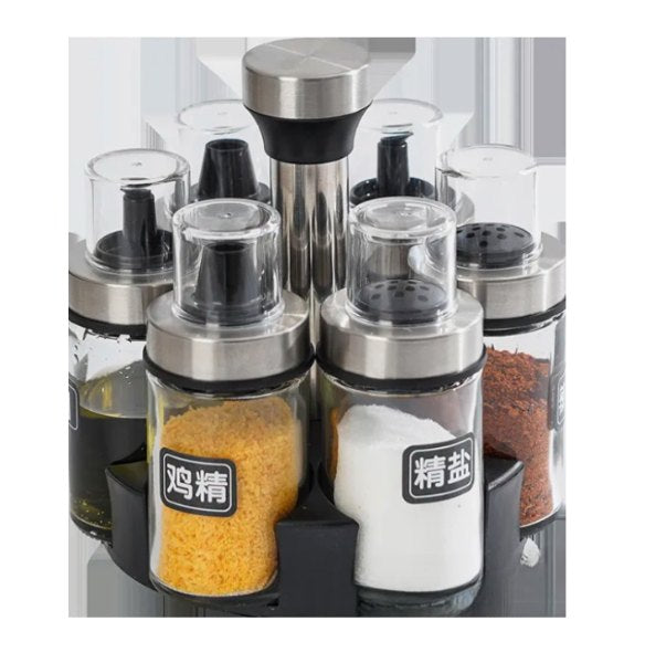 ORGANIZADOR DE CONDIMENTOS X7 EN VIDRIO CON TAPA Y DISPENSADOR