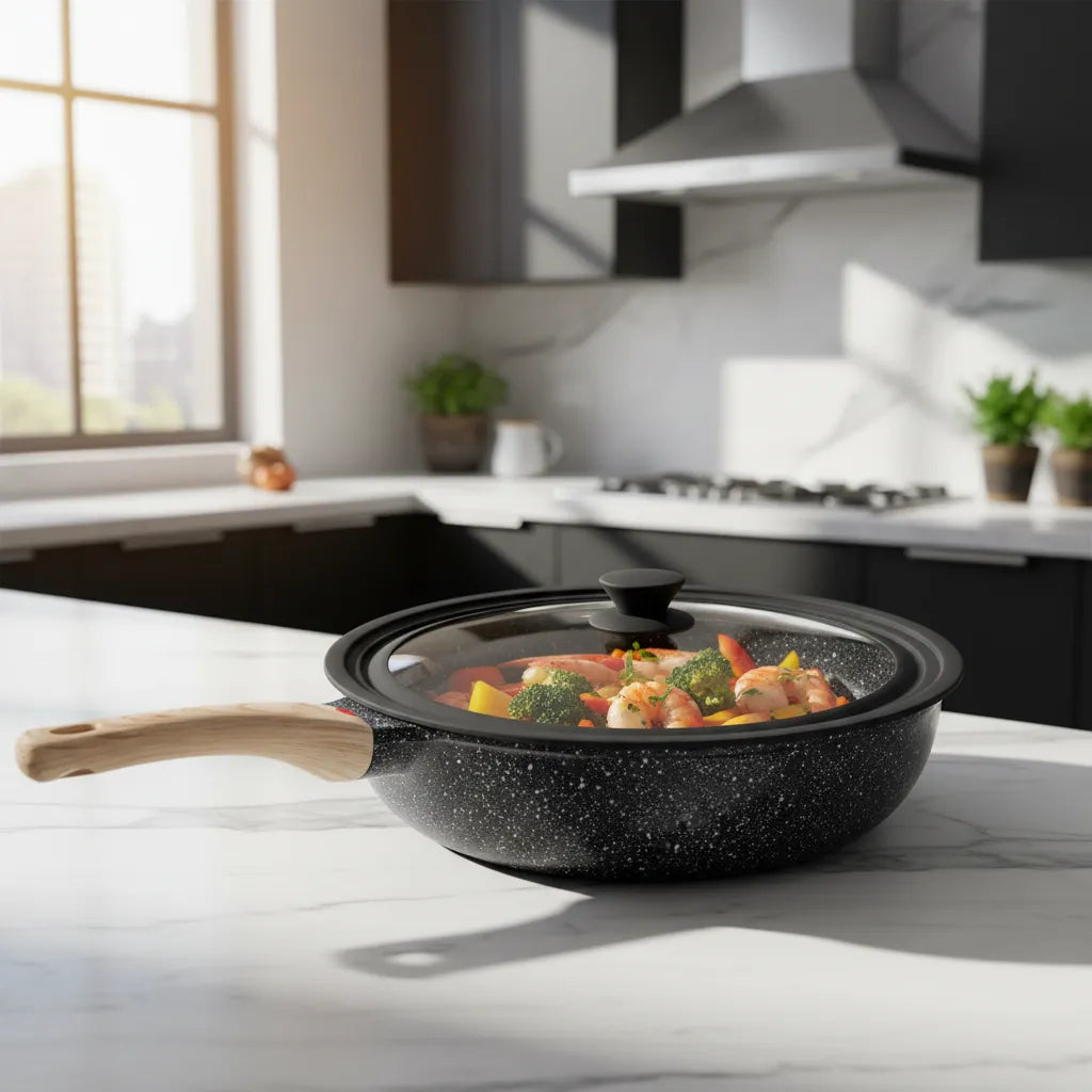 Sartén Antiadherente Tipo Piedra Con Tapa De Vidrio Negro