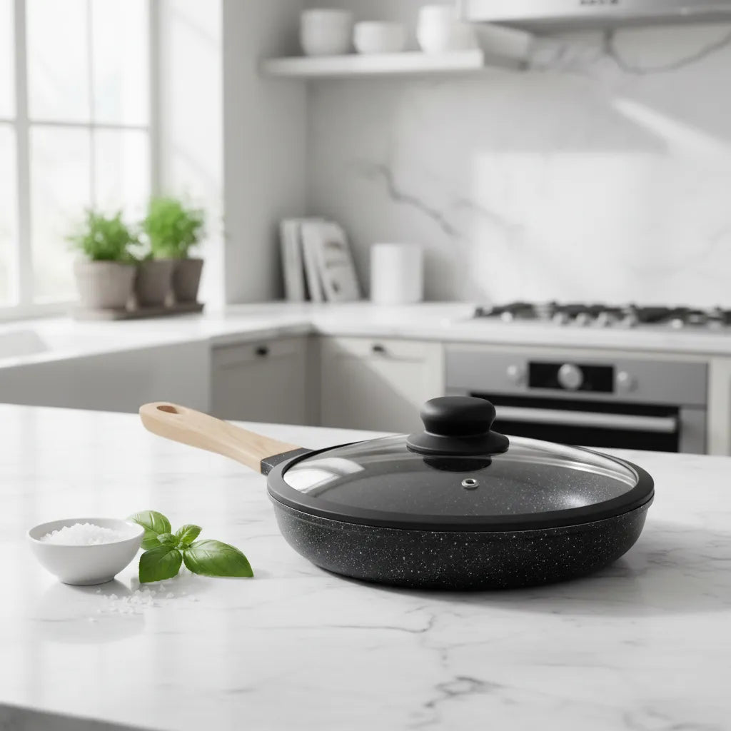 Sartén Antiadherente Negro 20 Cm Tapa De Vidrio Tipo Piedra Negro