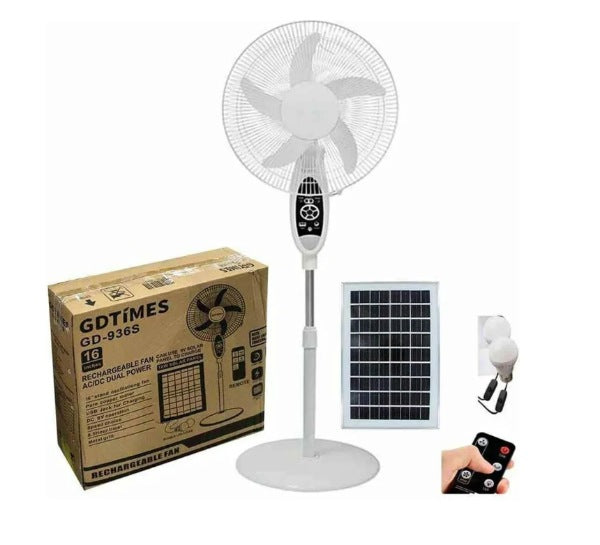 Ventilador Piso Recargable Panel Solar Control Lampara 16 In GD-936 S