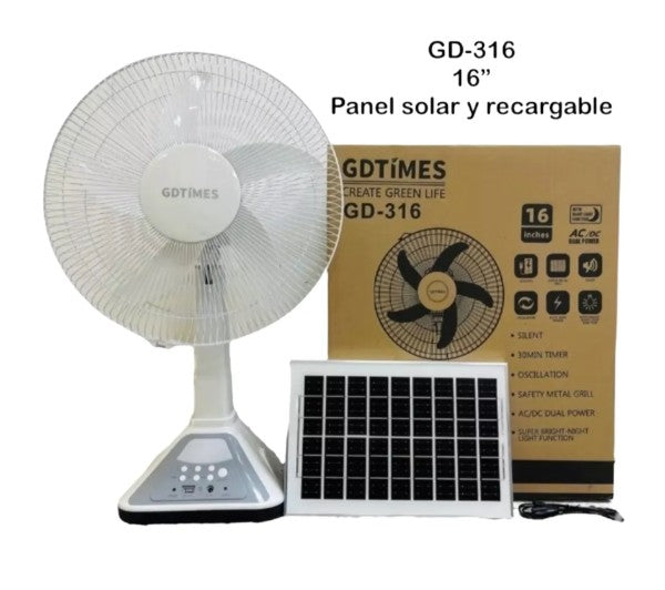 Ventilador Recargable Con Panel Solar 16 Gd-316