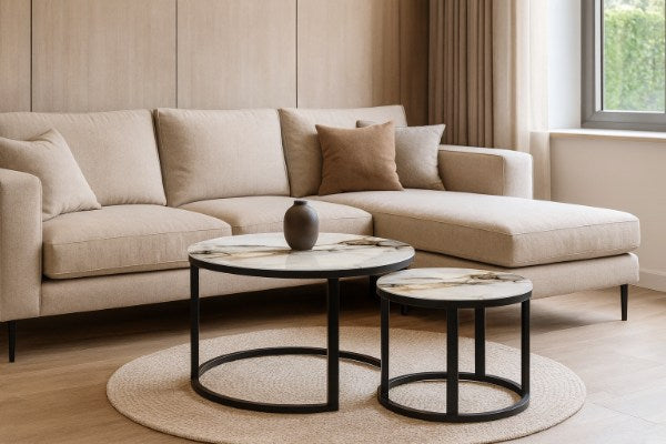 mesa decorativa doble para sala en vidrio templado y estructura metalica negra medidas 70 cm y 50 cm YZ