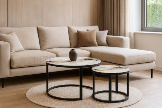 mesa decorativa doble para sala en vidrio templado y estructura metalica negra medidas 70 cm y 50 cm YZ