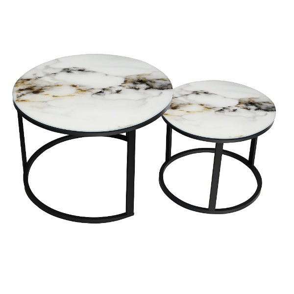 mesa decorativa doble para sala en vidrio templado y estructura metalica negra medidas 70 cm y 50 cm YZ