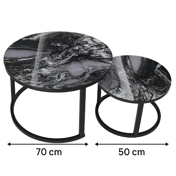 mesa decorativa doble para sala en vidrio templado y estructura metalica negra medidas 70 cm y 50 cm YZ090