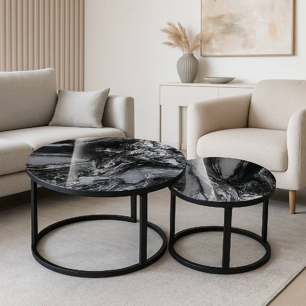 mesa decorativa doble para sala en vidrio templado y estructura metalica negra medidas 70 cm y 50 cm YZ090