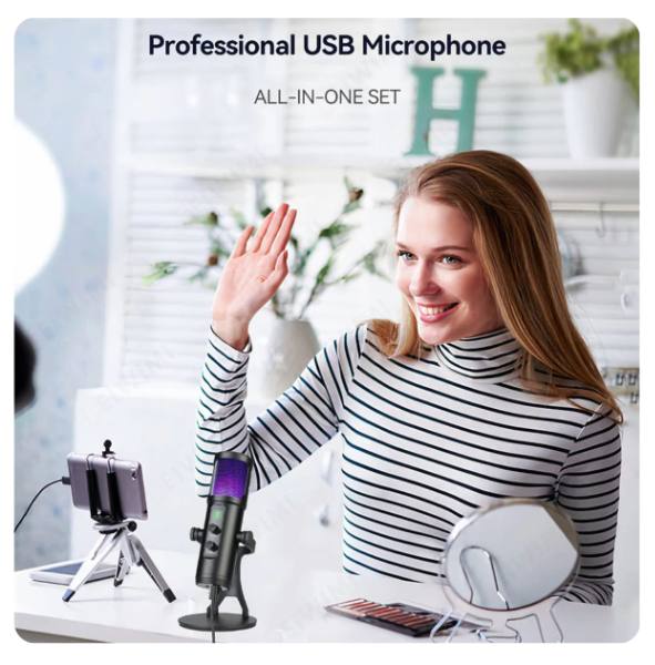 Microfono Profesional Condensador Omnidireccional Usb Luz Color Negro