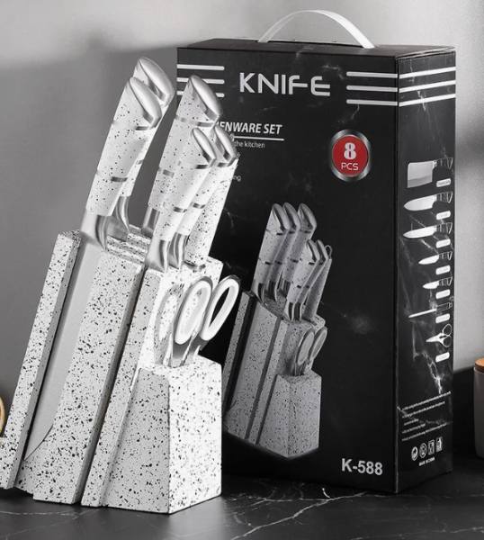 Juego de cuchillos de cocina, 8 piezas de acero inoxidable con mango hueco de bloque para cuchillo de chef (blannco) HP-4002B