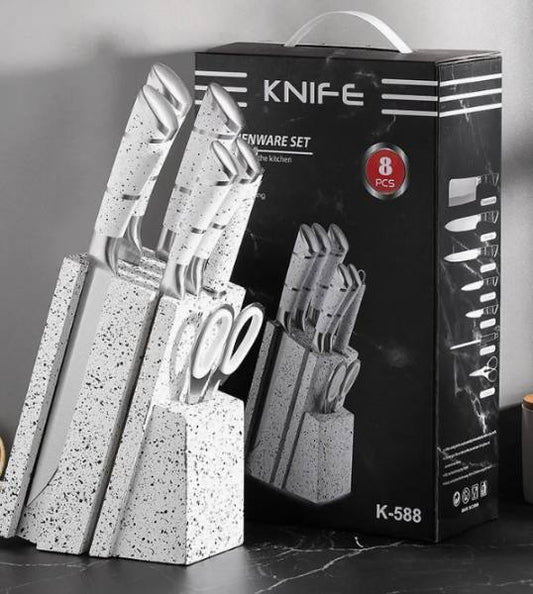 Juego de cuchillos de cocina, 8 piezas de acero inoxidable con mango hueco de bloque para cuchillo de chef (blannco) HP-4002B
