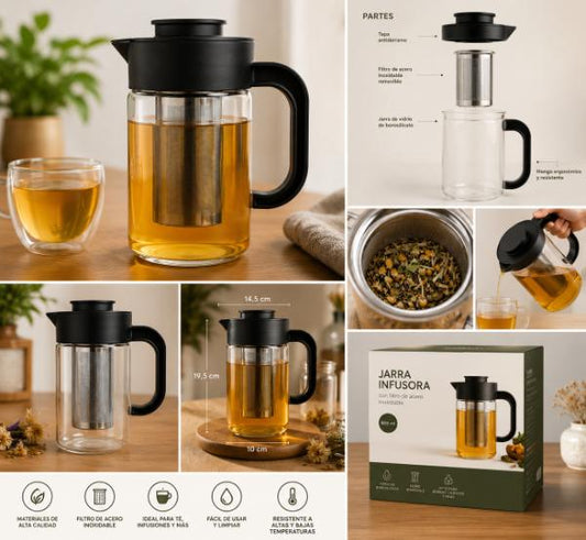 Jarra De Vidrio Para Té O infusiones Con Tapa y separador, Capacidad Grande 1.000 LTS