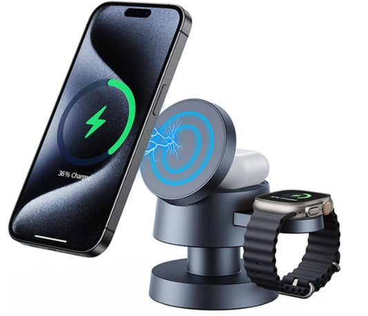 Estación de carga 4 en 1 Cargador inalámbrico de 15 W con lámpara de hongo compatible con iPhone 12-16 Series, Apple Watches, Apple Earphones RE-4 IN