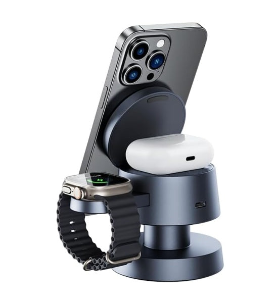 Estación de carga 4 en 1 Cargador inalámbrico de 15 W con lámpara de hongo compatible con iPhone 12-16 Series, Apple Watches, Apple Earphones RE-4 IN