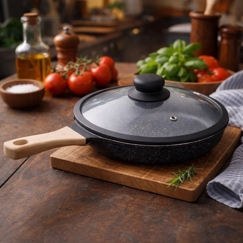 Sartén Antiadherente Negro 20 Cm Tapa De Vidrio Tipo Piedra Negro