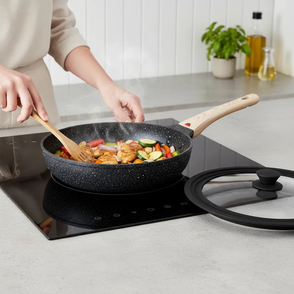 Sartén Antiadherente Tipo Piedra Con Tapa De Vidrio Negro