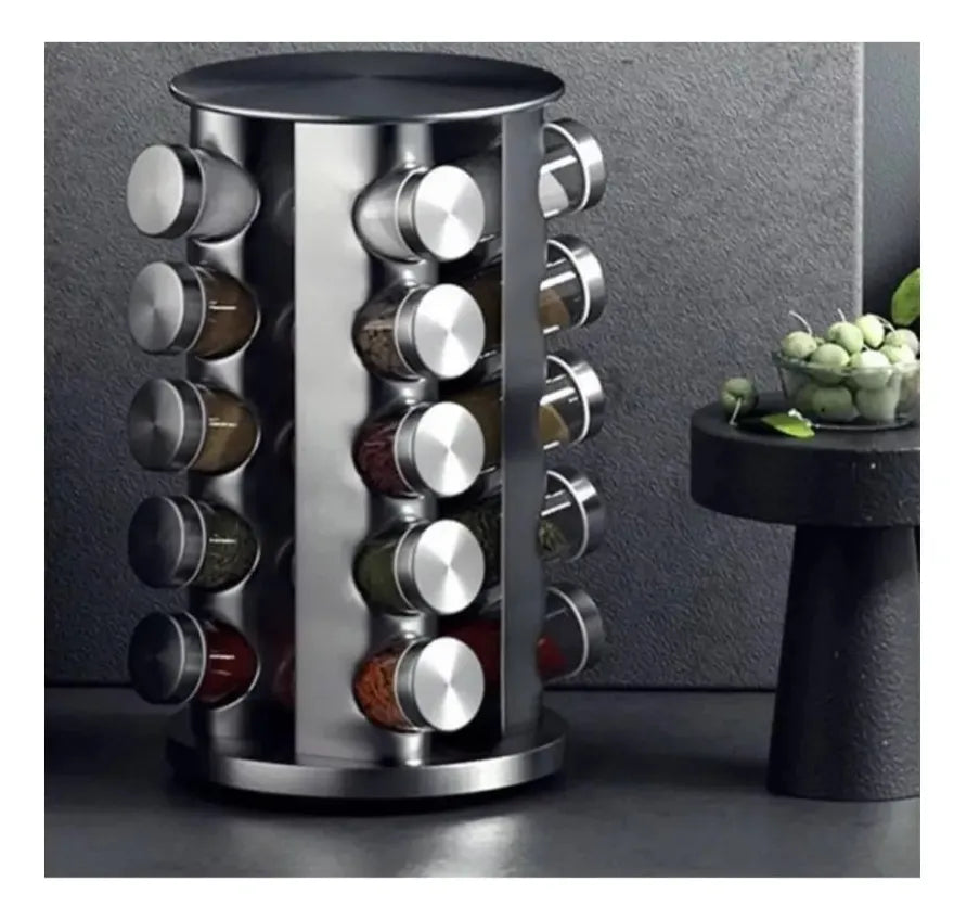 Especiero Giratorio 20 Condimentos Vidrio Y Acero Inoxidable Plateado