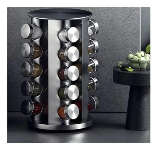 Especiero Giratorio 20 Condimentos Vidrio Y Acero Inoxidable Plateado