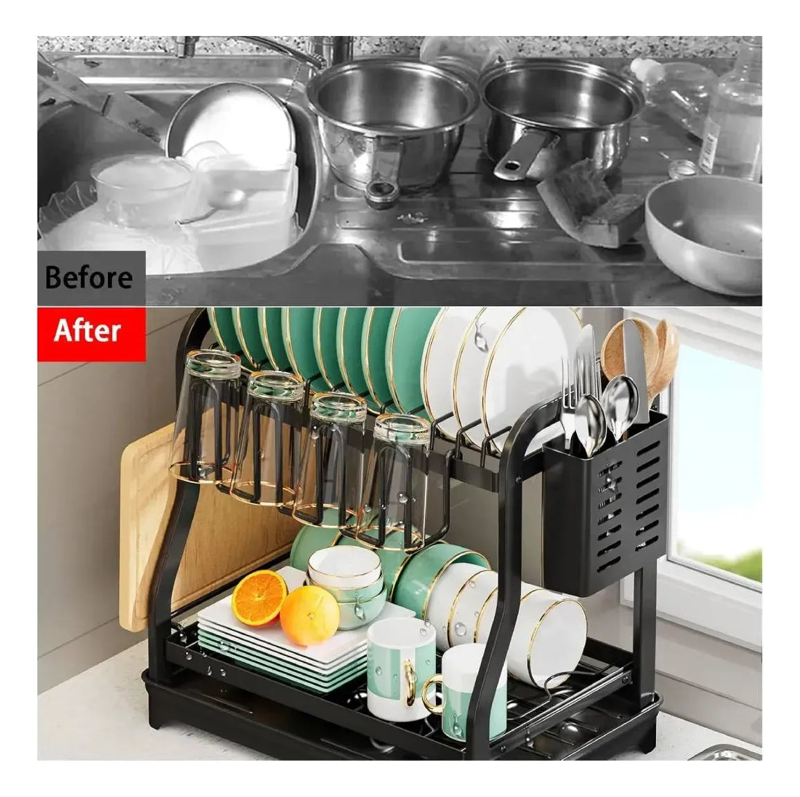 Escurridor 2 Niveles 1208 De Acero Inoxidable Seca Platos Negro