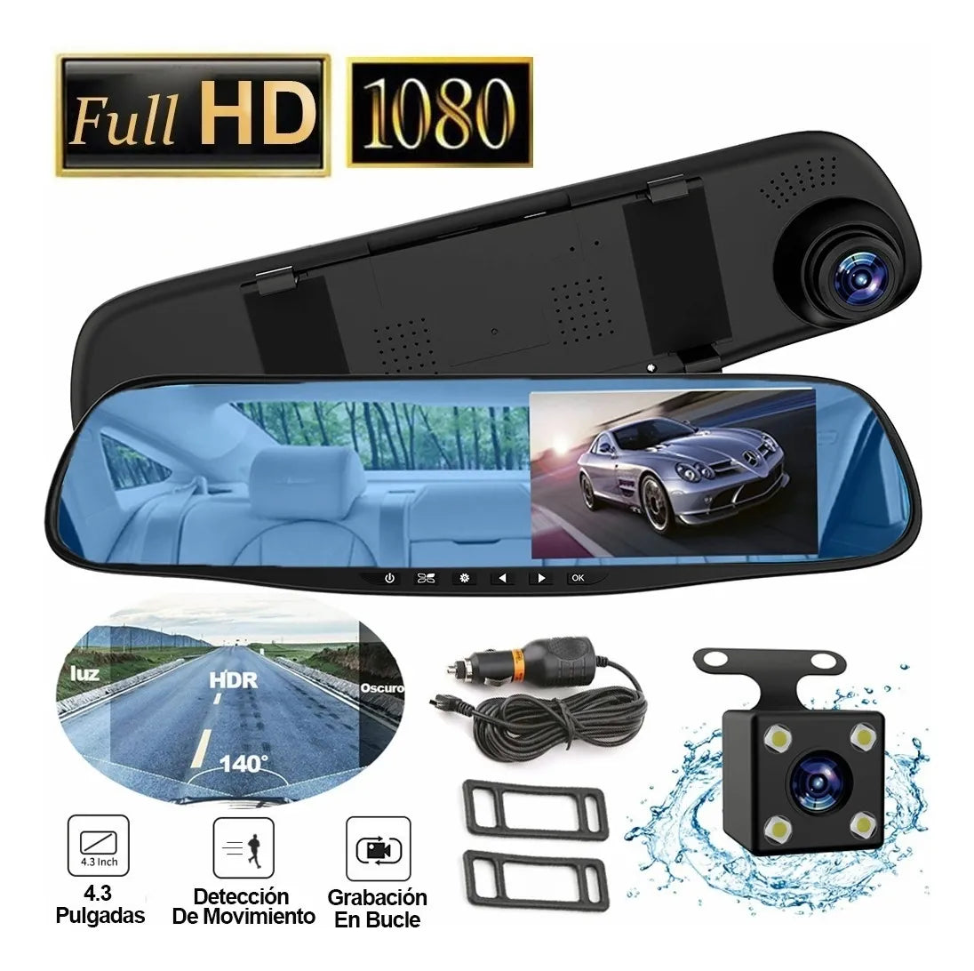Espejo Retrovisor Voilamart con Doble Cámara HD Frontal y Trasera 170° Pantalla de 4.3 para Carro y Camioneta Autos 12-24V