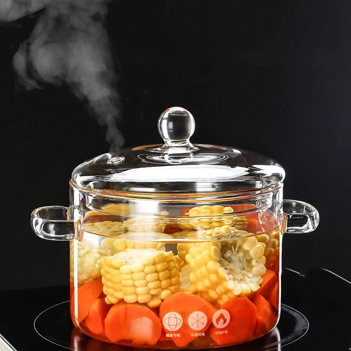 Olla De Vidrio Refractaria 1.5l Con Tapa Resistente Al Calor Transparente