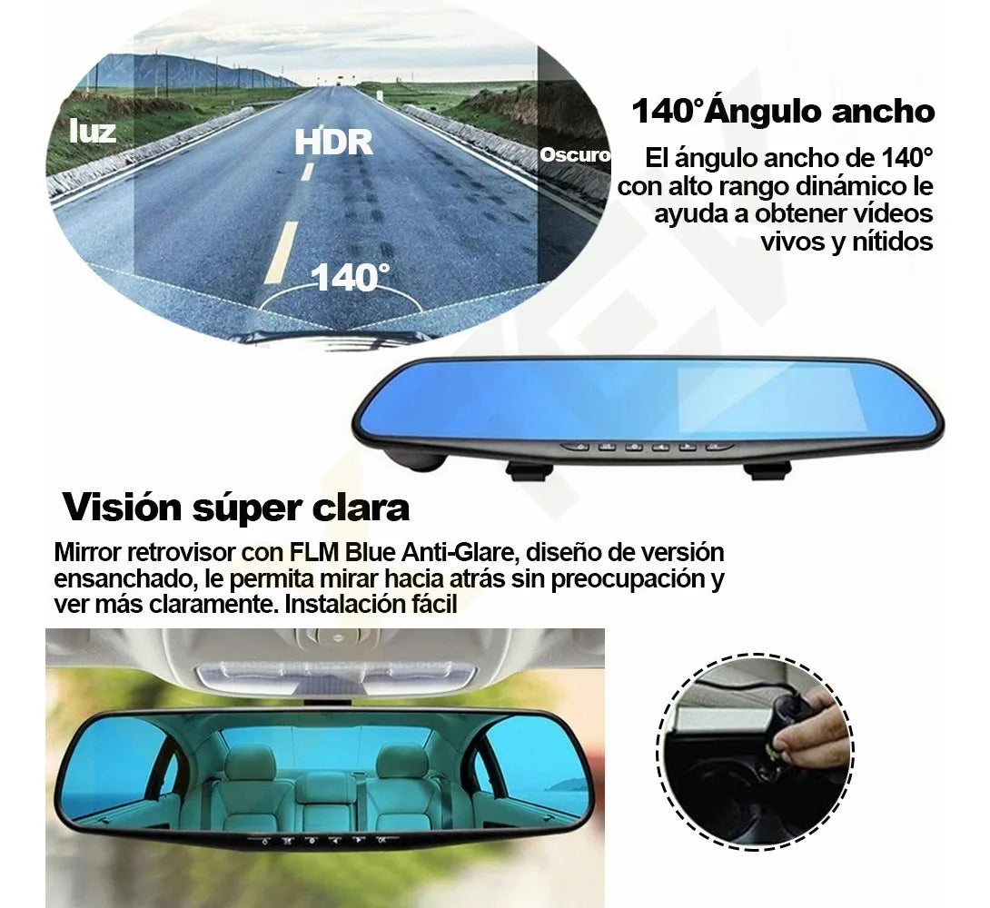 Espejo Retrovisor Voilamart con Doble Cámara HD Frontal y Trasera 170° Pantalla de 4.3 para Carro y Camioneta Autos 12-24V