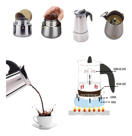 Cafetera Italiana Expresso Maker 9 Tazas Acero Inoxidable 450ml