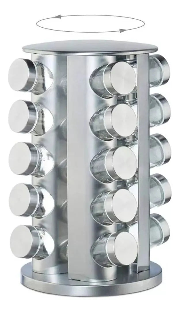 Especiero Giratorio 20 Condimentos Vidrio Y Acero Inoxidable Plateado