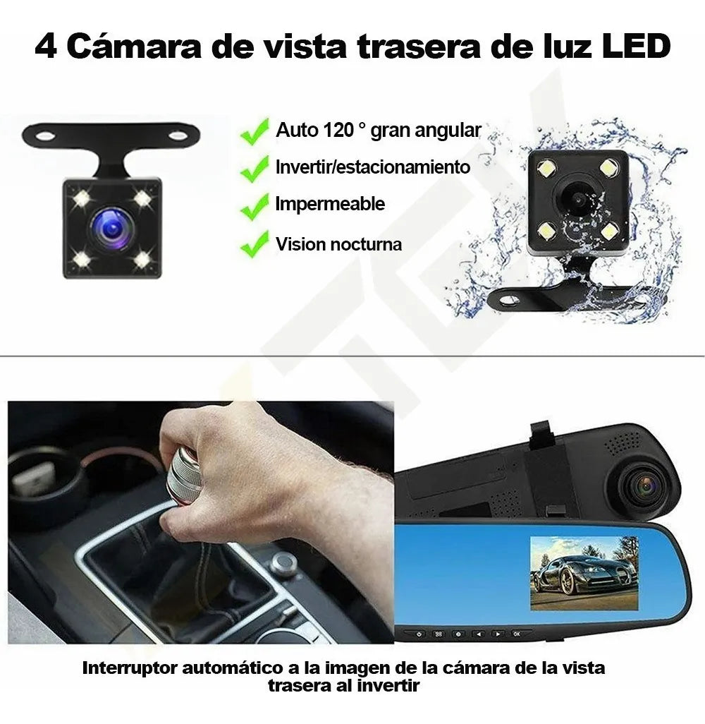 Espejo Retrovisor Voilamart con Doble Cámara HD Frontal y Trasera 170° Pantalla de 4.3 para Carro y Camioneta Autos 12-24V