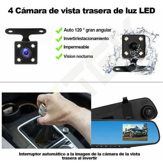 Espejo Retrovisor Voilamart con Doble Cámara HD Frontal y Trasera 170° Pantalla de 4.3 para Carro y Camioneta Autos 12-24V