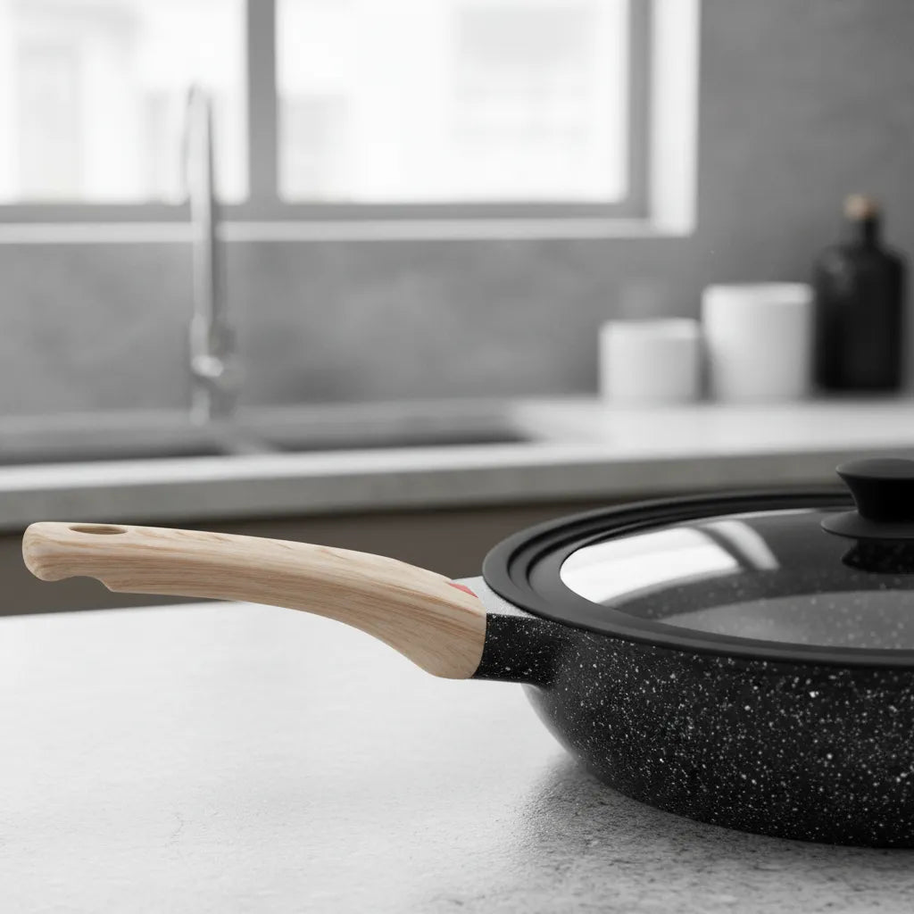 Sartén Antiadherente Tipo Piedra Con Tapa De Vidrio Negro