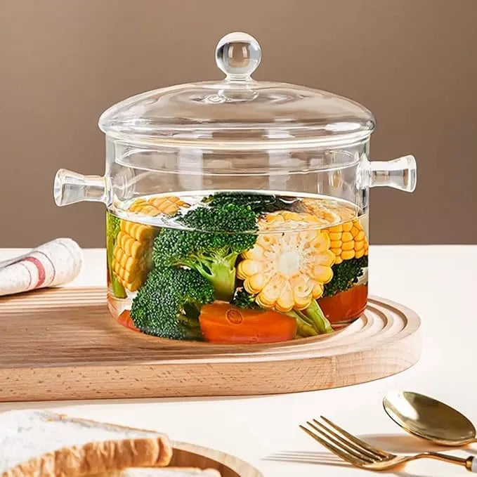 Olla De Vidrio Refractaria 1.5l Con Tapa Resistente Al Calor Transparente