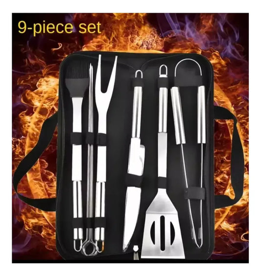 Juego De Utensilios Para Asado Bbq 9 Piezas Acero Inoxidable