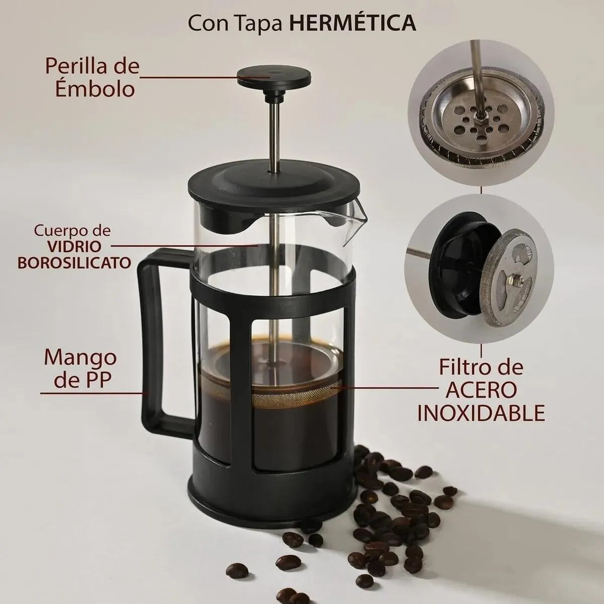 afetera Francesa 350 Ml Acero Inoxidable Y Vidrio Negro Black