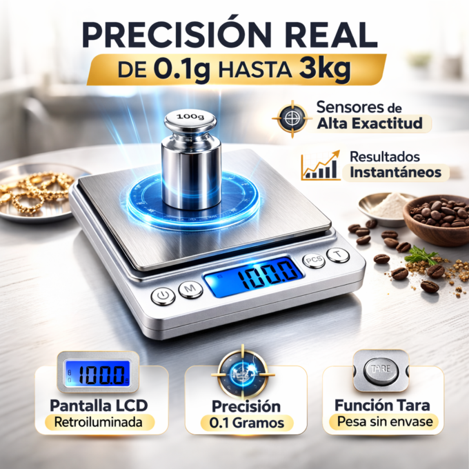 Báscula Digital 0.1g a 3kg Alta Precisión Profesional Acero