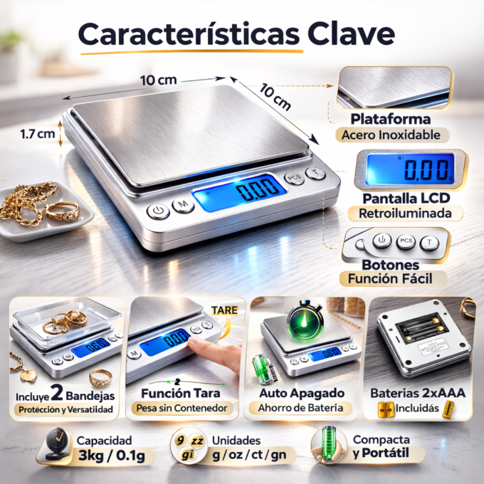 Báscula Digital 0.1g a 3kg Alta Precisión Profesional Acero