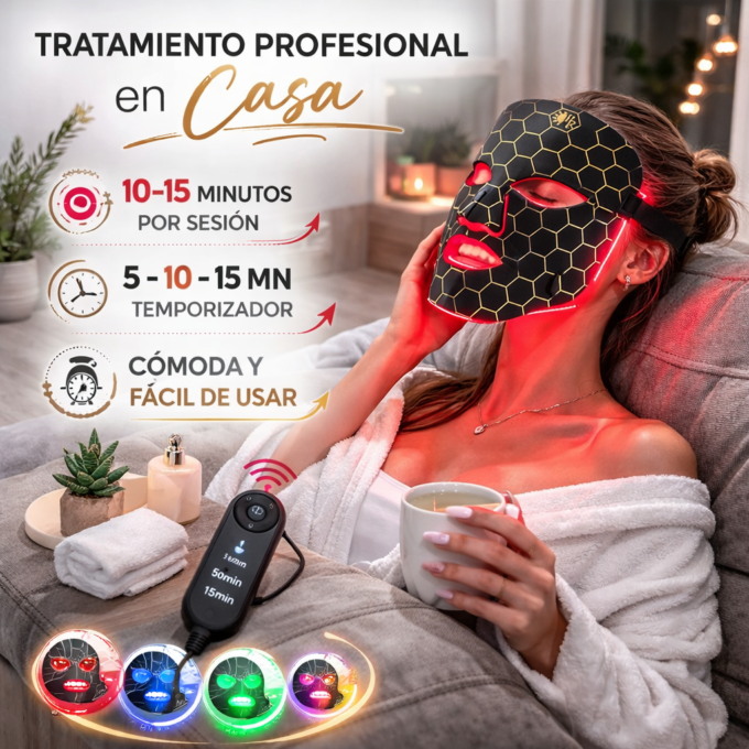 Mascarilla LED Facial Terapia Luz Roja 7 Colores Antiarrugas Colágeno